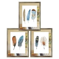 PAPEL ILUSTRADO - Set 3 Cuadros Plateado Plumas Espejo 30X40