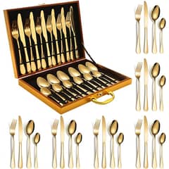CHEFCHOICE - Juego Cuchilleria 24 Piezas Set Cubiertos Dorados Completo Con Maletin