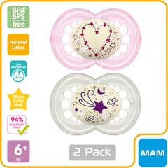 MAM - 2 Chupetes Látex Nocturno 6+ c/Caja Esterilizadora, Rosa