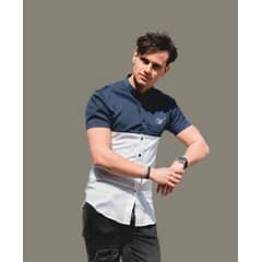 WHITE CLOTHING - Camisa Bi color manga corta fit