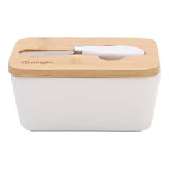 SIMPLIT - Mantequillero Cerámica Tapa Bamboo + Cuchillo 600 ml - Blanco