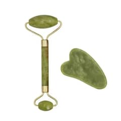 GENERICO - Rodillo Cuarzo Verde Jade Original Set Más Piedra Gua Sha