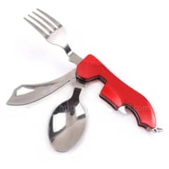 GENERICO - Set Cubierto Servicio Plegable 4 En 1 Viaje Camping Trekking Rojo