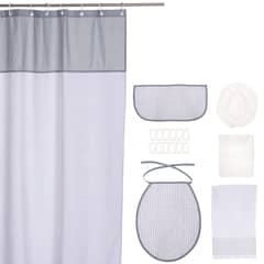 GENTILE - Cortina y Set de baño 7 piezas 180 x 180 cms gris líneas grises