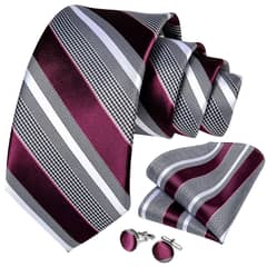 SONEC - Corbata seda hombre paño y colleras Sangría gris