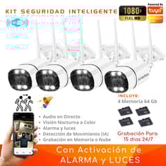 D MOTICA - Kit 4 Cámara Wifi Inteligente Full HD-Audio-Detección Movimiento + Memorias