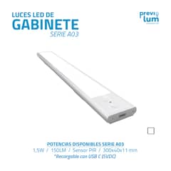 PREVILUM - LUZ DE GABINETE SENSOR DE MOVIMIENTO RECARGABLE 3 LUZ EN 1 30CM BLANCA