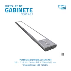 PREVILUM - LUZ DE GABINETE SENSOR DE MOVIMIENTO RECARGABLE 3 LUZ EN 1 60CM SILVER