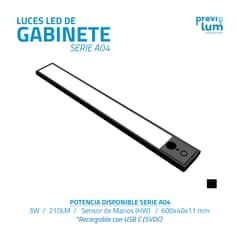 PREVILUM - LUZ LED DE GABINETE 60cm 3 LUZ EN 1 RECARGABLE NEGRA
