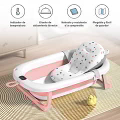 ANIKIDS - Tina Bebe Bañera Plegable con Termometro y Cojin Baño Rosado