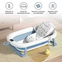 ANIKIDS - Tina Bebe Bañera Plegable con Termometro y Cojin Baño Azul