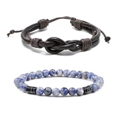 MILLAM - Pack 2 Pulseras de Cuero Marrón Infinito + Pulsera de Piedras Sodalita