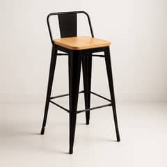 KLIK - Taburete Tolix Negro Alto con Respaldo - Asiento de madera Clara
