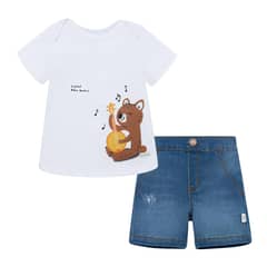 OFFCORSS - Conjunto de polera osito y bermuda en denim para recién nacido niño