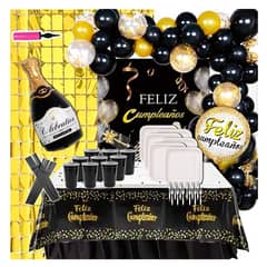 GENERICO - Set De Cumpleaños Negro Dorado Pack Cotillón Fiesta 20 Pers