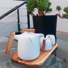 GENERICO - Set cerámica oriental 4 tazas y tetera con infusor + bandeja de madera