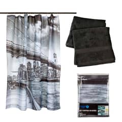 MASEL - Set Cortina Baño Brooklyn Bridge y Juego de Toallas Negra