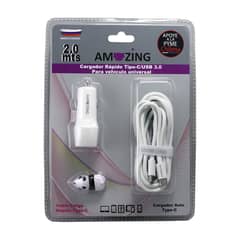 AMAZING - Cargador Auto 3.1 - 1 USB / 1 C + Cable Tipo C a Tipo C 2MTS