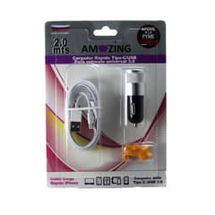 AMAZING - Cargador Auto USB / 1 C + Cable USB a IPhone 2mts