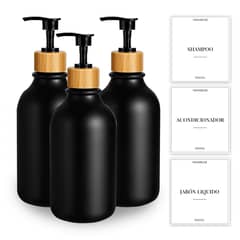 GENERICO - Pack 3 Dispensadores Jabón Botellas 500ml Montaje Pared Bambú Negros