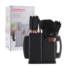 GENERICO - Set De Utensilios De Cocina Negros Silicona 19 Piezas + tabla