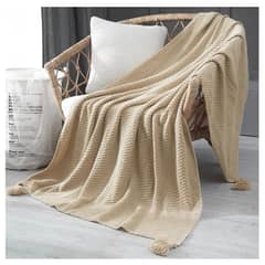 GENERICO - Manta para Sofá o Piecera Blanket Modelo Tejido y Borlas Color Arena