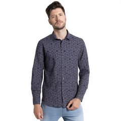 POTROS - Camisa Estampada Hombre Azul Marino Algodon Manga Larga