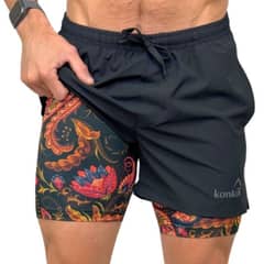 KONKO ACTIVE - Short Deportivo Hombre Con Calza 2 en 1 Negro Paisley Konko