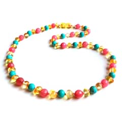 CORAZÓN DE ÁMBAR - Collar ámbar báltico ágata fucsia y turquesa