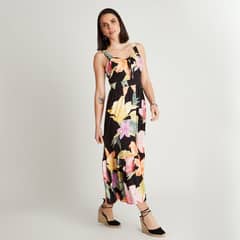 CURVI - Vestido Maxi Negro Estampado Tirantes