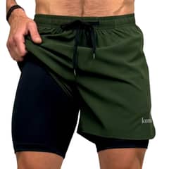 KONKO ACTIVE - Short Deportivo Con Calza 2 en 1 Con Cierre Hunter Verde Hombre Konko