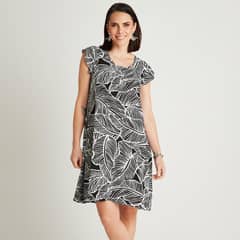 CURVI - Vestido Corto Negro Manga Corta Estampado Cuello Redondo