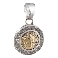 GENERICO - Colgante san benito plata 925 grande oro 14k circones + cadena 50 cm