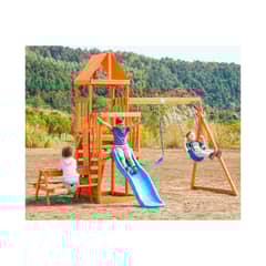 DINO CARS CHILE - Juego de madera con columpios para exterior con mesa picnic y muro de escala