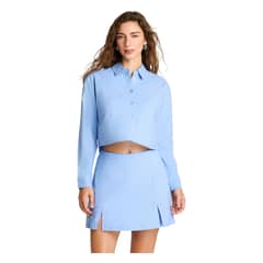 ACUARELA - Blusa Crop Manga Larga Lino Celeste