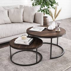 YOMYM - Juego Mesa De Centro Lateral Living Redonda Doble Madera