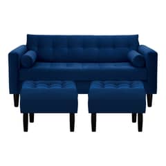 BODEVIR - Sofa Retro 3C + 2 Pouf Felpa 00 Azul Marino