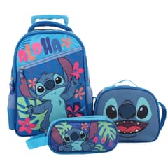 DISNEY - Pack Escolar Mochila con ruedas Estuche y Lonchera Stitch