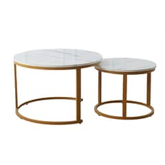 SPACE HOME - Mesa de Centro doble tipo marmol brillante con base de metal oro