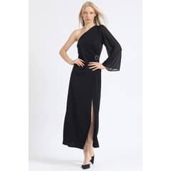 LIOLA - Vestido Maxi Jersey Aplicación Strass Un Hombro Negro