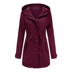 TIOZONEY - Cortavientos largo con gorro para mujer - Burdeo