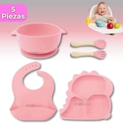 UTILISIMO - Set Alimentación Bebé Silicona 5 Piezas Dinosaurio Libre BPA