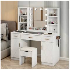 HOMER DESIGN - Tocador Espejo Hollywood Taburete Enchufe Repisa Con Vidrio