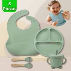 UTILISIMO - Set De Alimentación Bebé Silicona 5 Piezas Verde