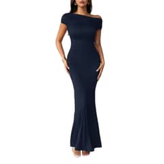 DANWEILE - Vestido largo ajustado a la cadera con cuello redondo para mujer-Azul