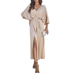 DANWEILE - Vestido elegante holgado con escote en V para mujer - Caqui