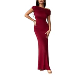 DANWEILE - Vestido largo ajustado a la cadera con cuello redondo para mujer-Rojo