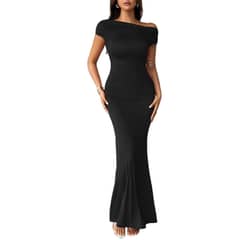 DANWEILE - Vestido largo ajustado a la cadera con cuello redondo para mujer-negro