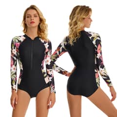 ORILWAYO - Traje de Baño Entero Manga Larga Mujer - Negro Floreado