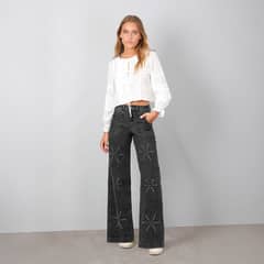 RAINDOOR - Pantalón Flores Tachas Wide Leg Mujer